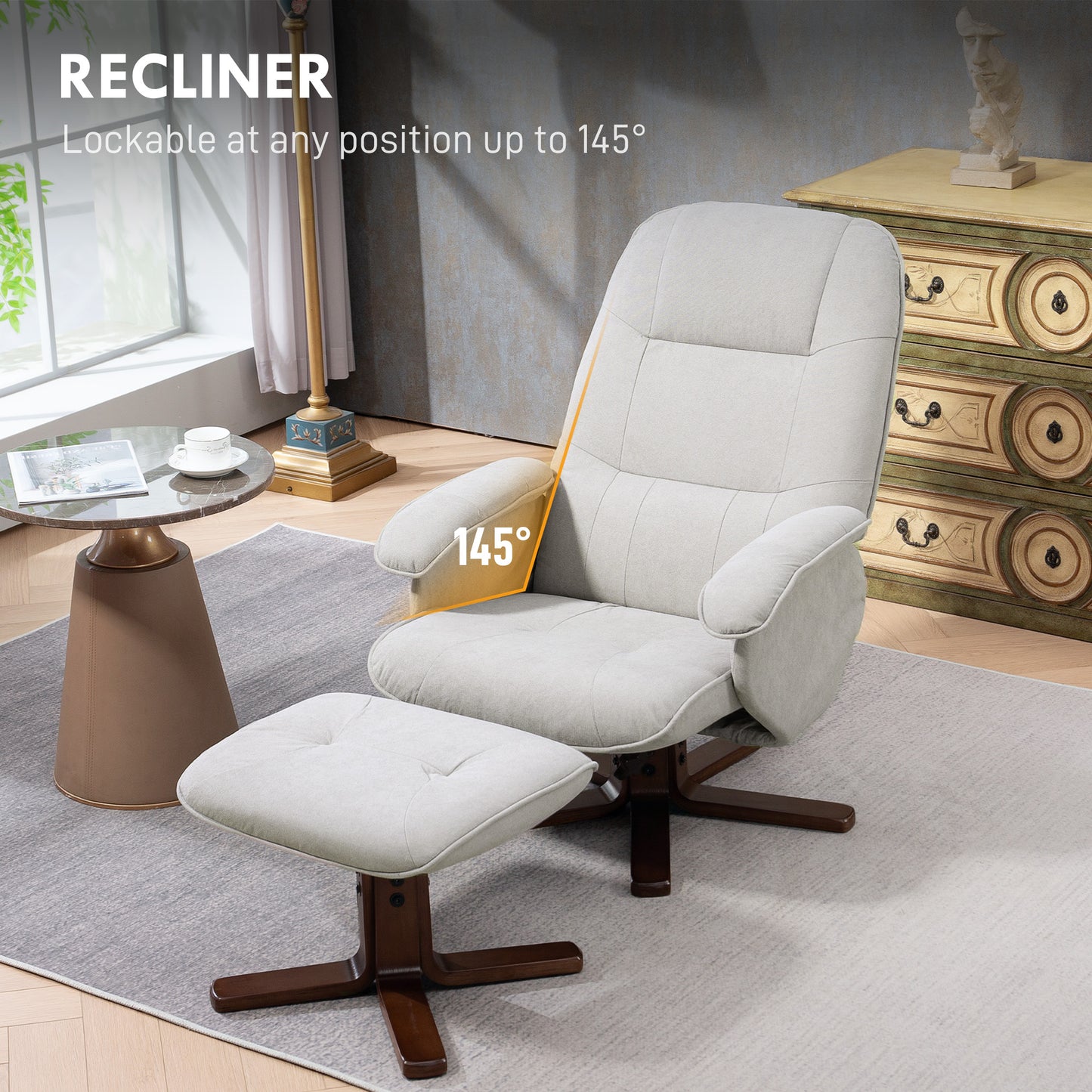 Linen Swivel Recliner Chair with Footstool, Upholstered Reclining Armchair with Wooden Base for Living Room, Light Grey