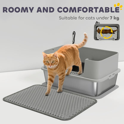 High Sided Stainless Steel Litter Box, Metal Cat Litter Tray with Metal Scoop, Litter Mat, Never Absorbs Odors, Grey