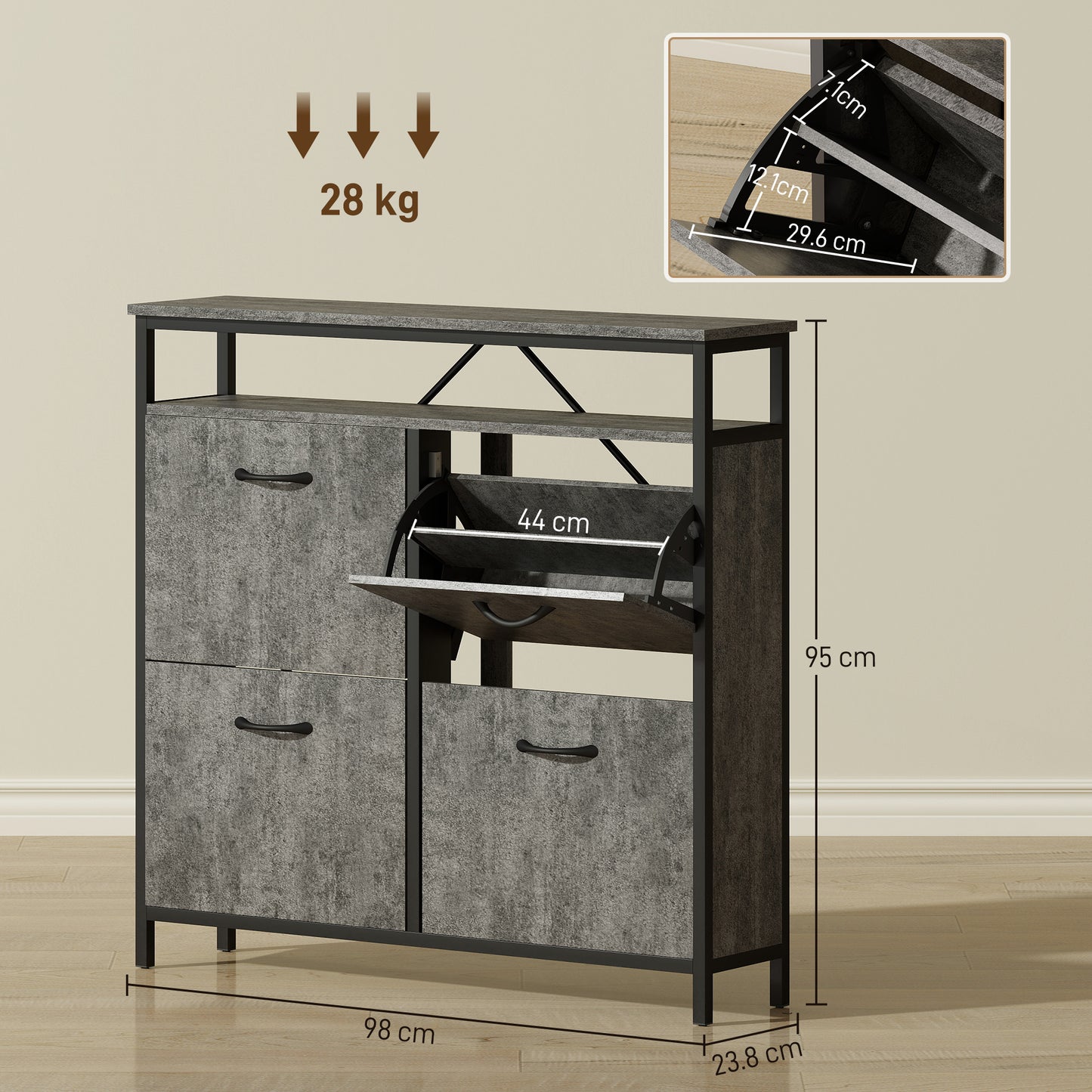Shoe Storage Cabinet with 4 Flip Drawers and Open Shelf - Cement Grey