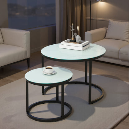 Glass Coffee Table Set of 2, Round Nest of Tables with Marble-Effect Tempered Glass Tabletop and Steel Frame