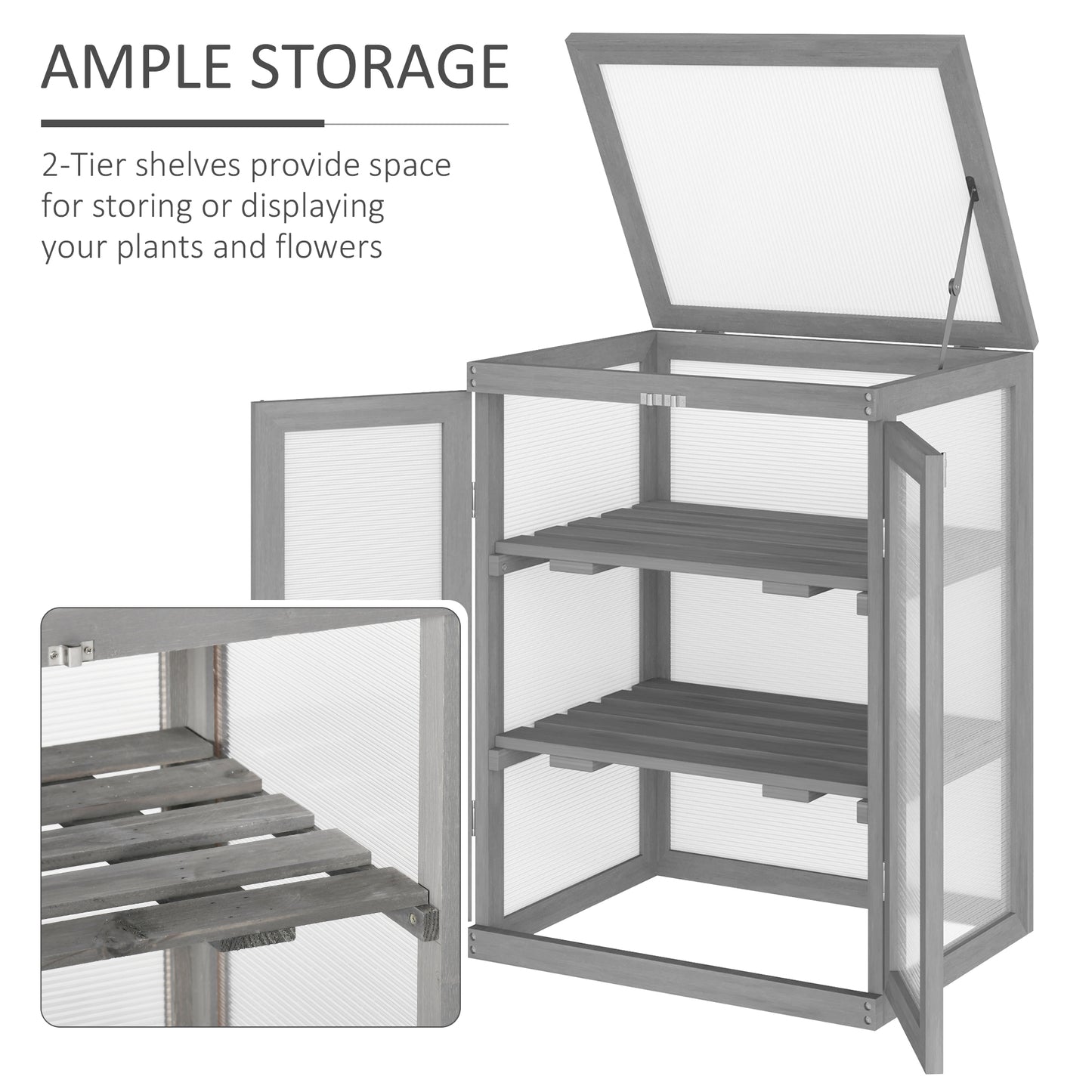 3-tier Wood Greenhouse Garden Polycarbonate Cold Frame Grow House w/ Storage Shelf, Dark Grey