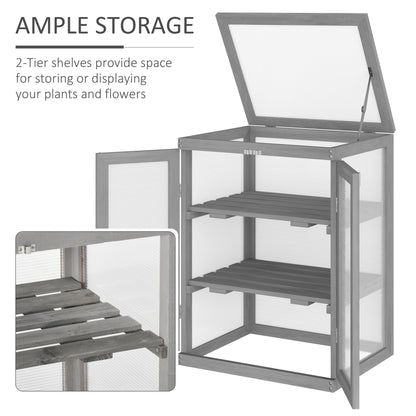 3-tier Wood Greenhouse Garden Polycarbonate Cold Frame Grow House w/ Storage Shelf, Dark Grey