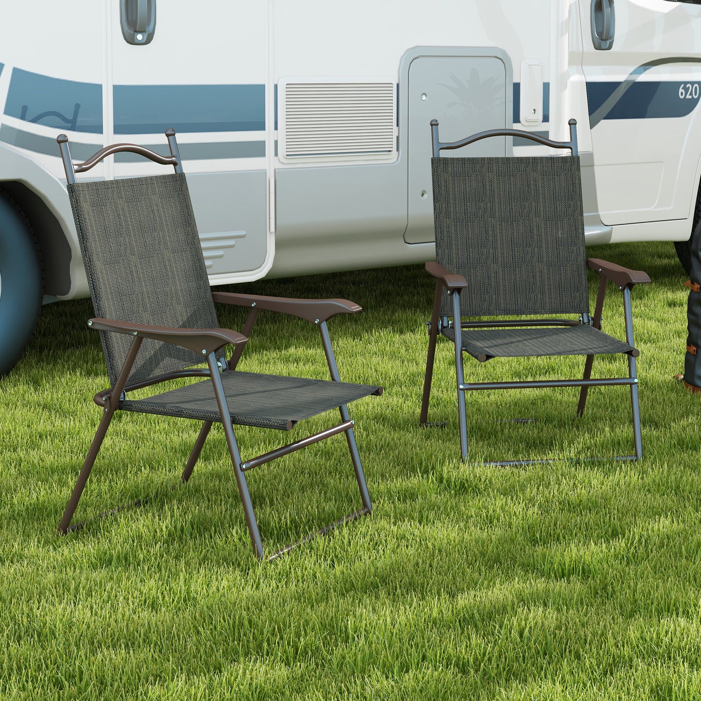 Set of Two Folding Garden Chairs, with Fabric Mesh Seats - Dark Brown