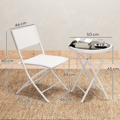 3 Pieces Outdoor Bistro Set, Glass Top Outdoor Table and 2 Folding Chairs with Protecting Feet, White