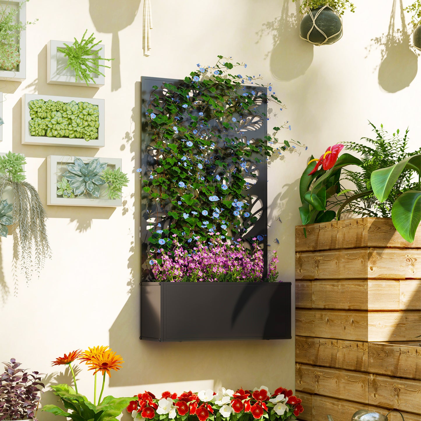 Outdoor Metal Planter, with Back Trellis - Black