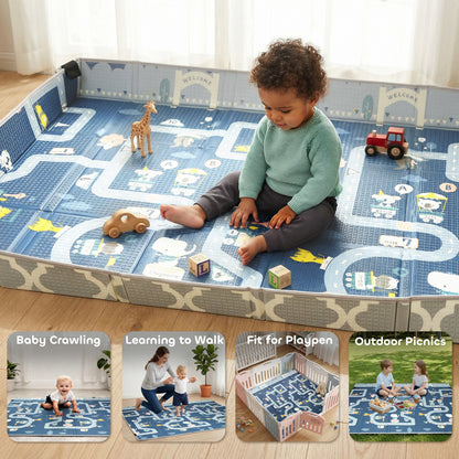 Foldable Baby Play Mat, Baby Playpen, Reversible Foam Playmat, Floor Mats for Toddlers, Traffic and Grey Diamond Theme