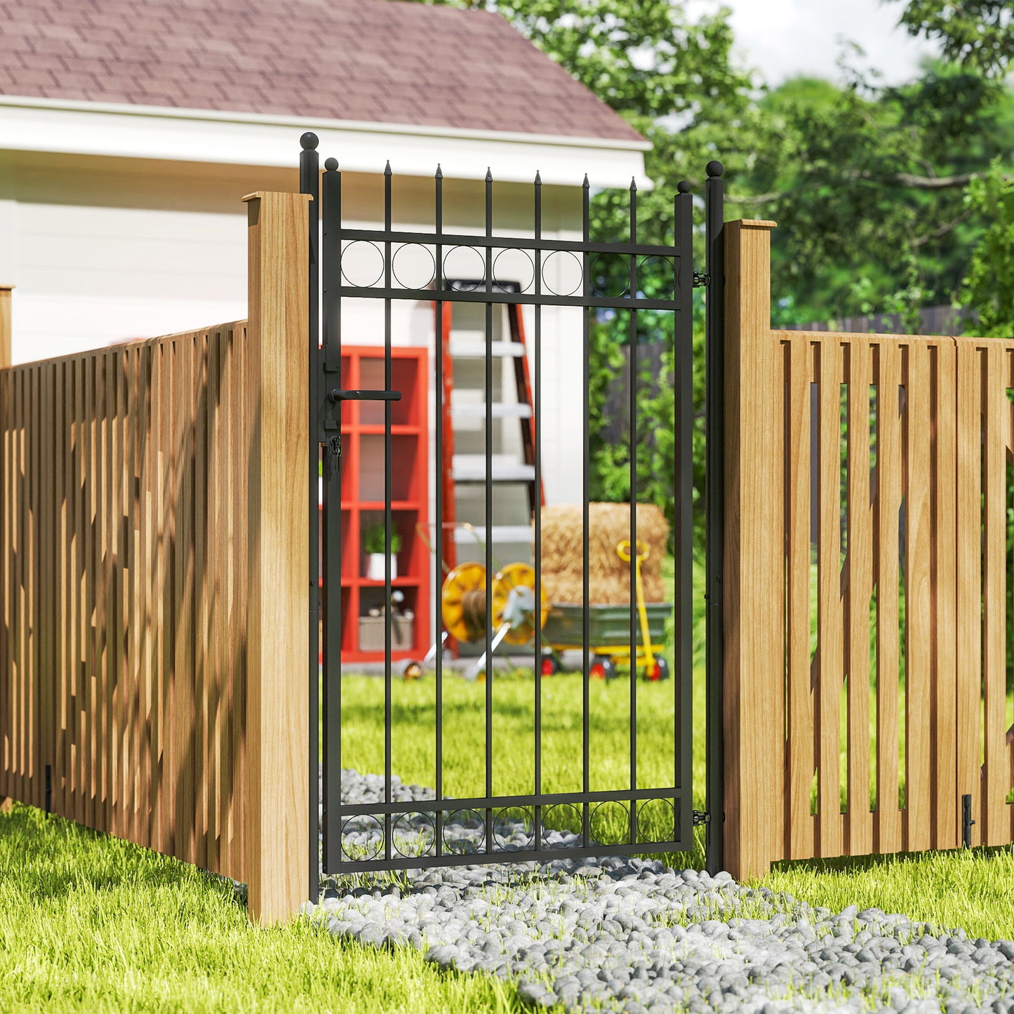 Galvanised Steel Garden Gate, Outdoor Fence Gate Security Barrier with Lock, Keys and Handle, Outdoor Entrance Way Door