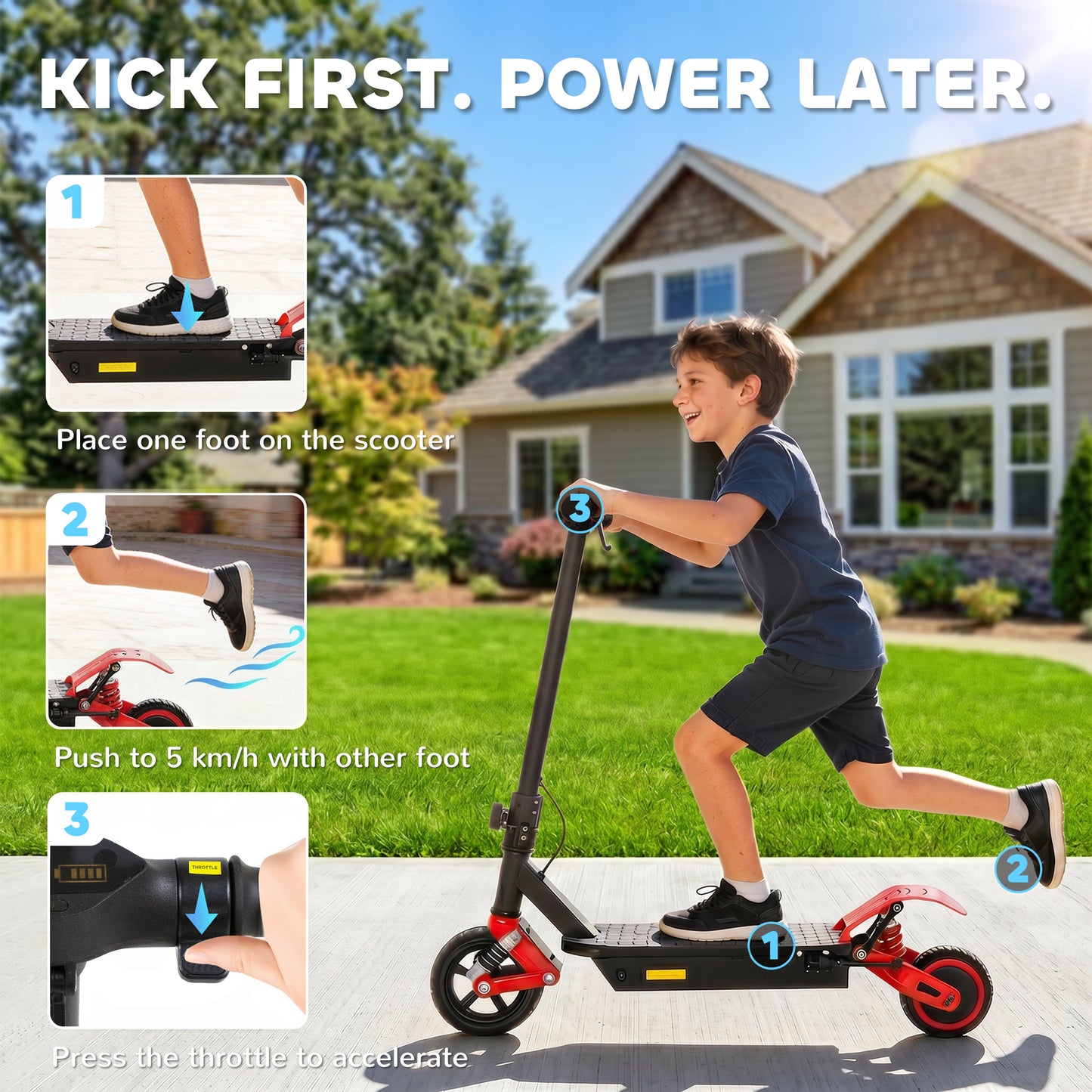Foldable Kids Electric Scooter with LCD Display, Dual Shock Absorption, Up to 15 KM/H, Max Range 6 KM for Age 6-14, Red