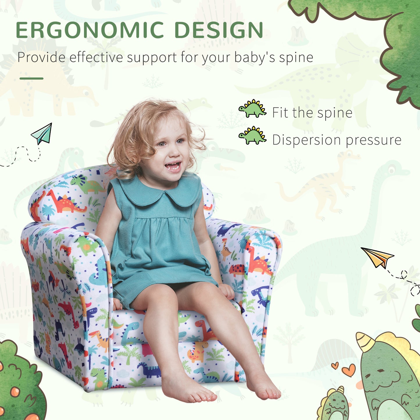 Children's Armchair Flannel Kids Sofa Tub Chair Cartoon Dinosaur Pattern Wooden Frame Bedroom Playroom Seater Multicolour