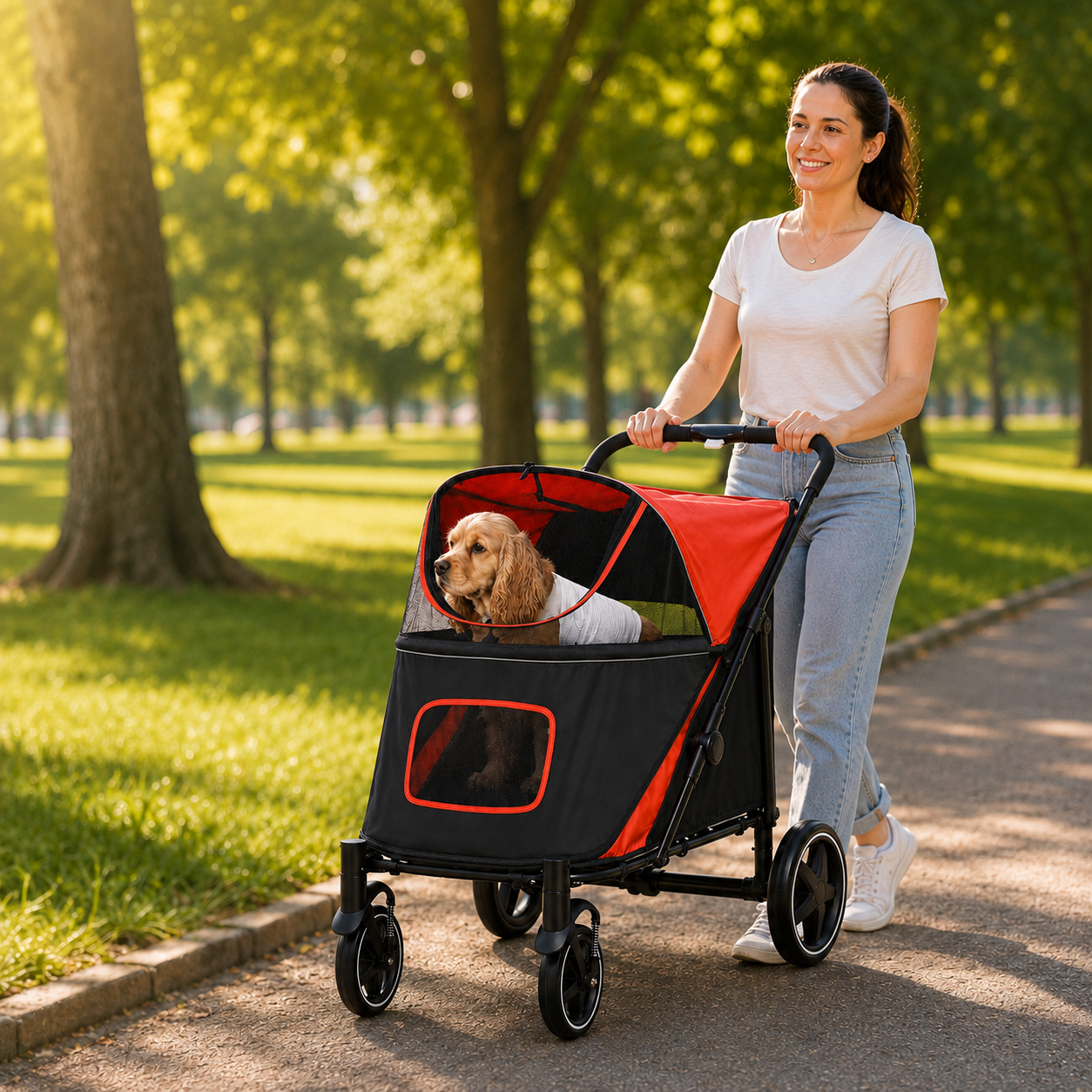 Foldable Pet Stroller, with Universal Wheels, Shock Absorber, for Medium and Large Dogs - Red