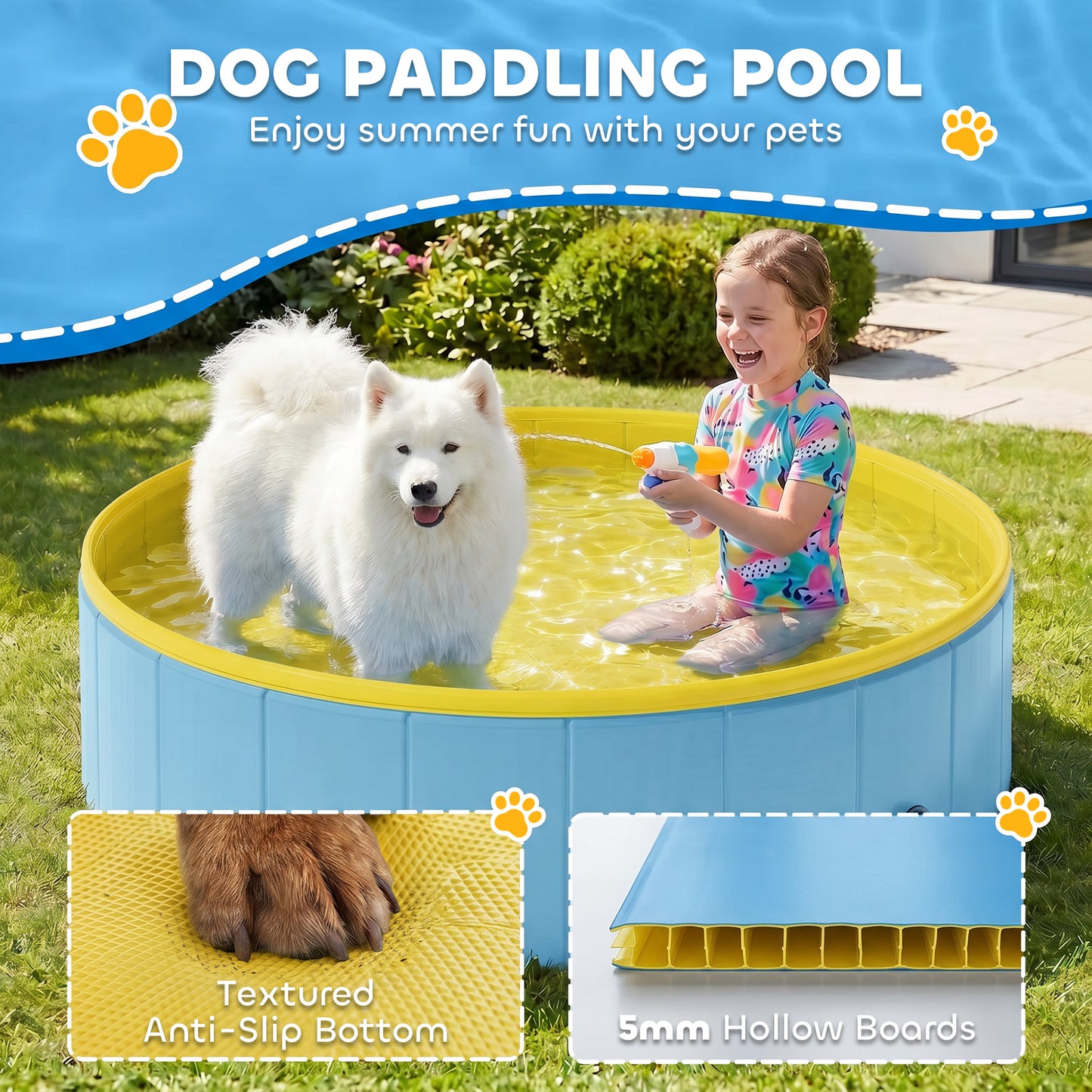 Foldable Dog Pool for Puppies and Ducks Dog Paddling Pool Bath Tub, Blue, 120 x 30cm