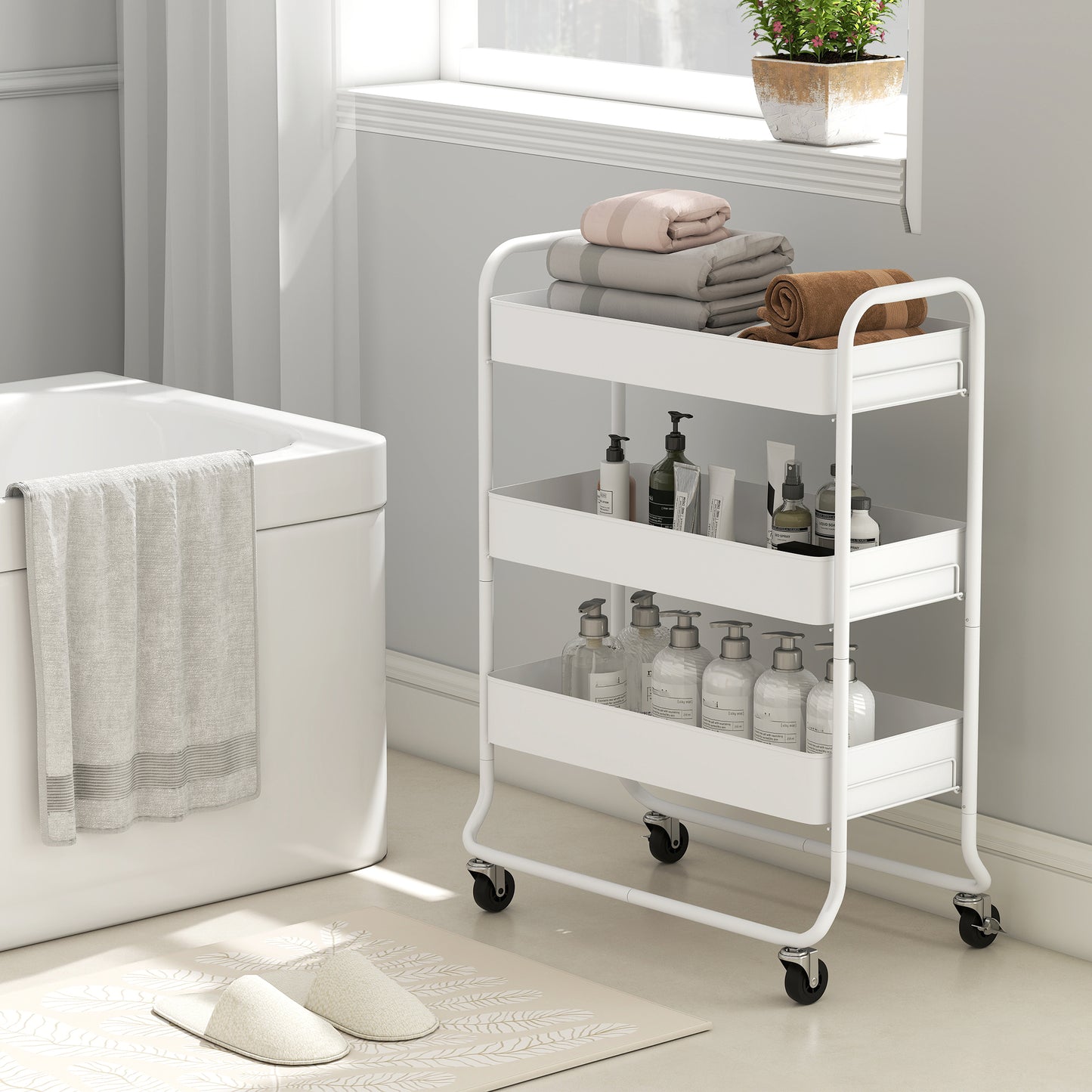 3-Tier Storage Trolley on Wheels, Rolling Utility Cart with Mesh Backets for Kitchen, Bathroom, Bedroom, White