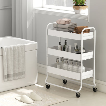 3-Tier Storage Trolley on Wheels, Rolling Utility Cart with Mesh Backets for Kitchen, Bathroom, Bedroom, White