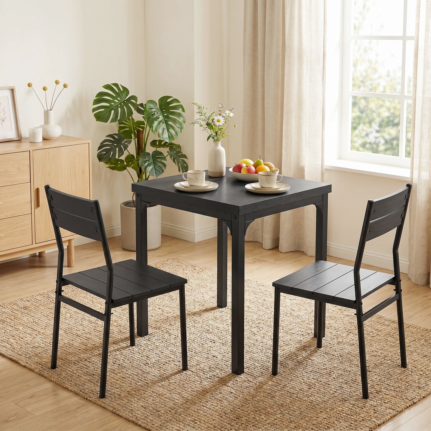 3 Piece Space-Saving Kitchen Table and Chairs, Dining Table Set for 2 with Metal Legs, Black Wood Effect