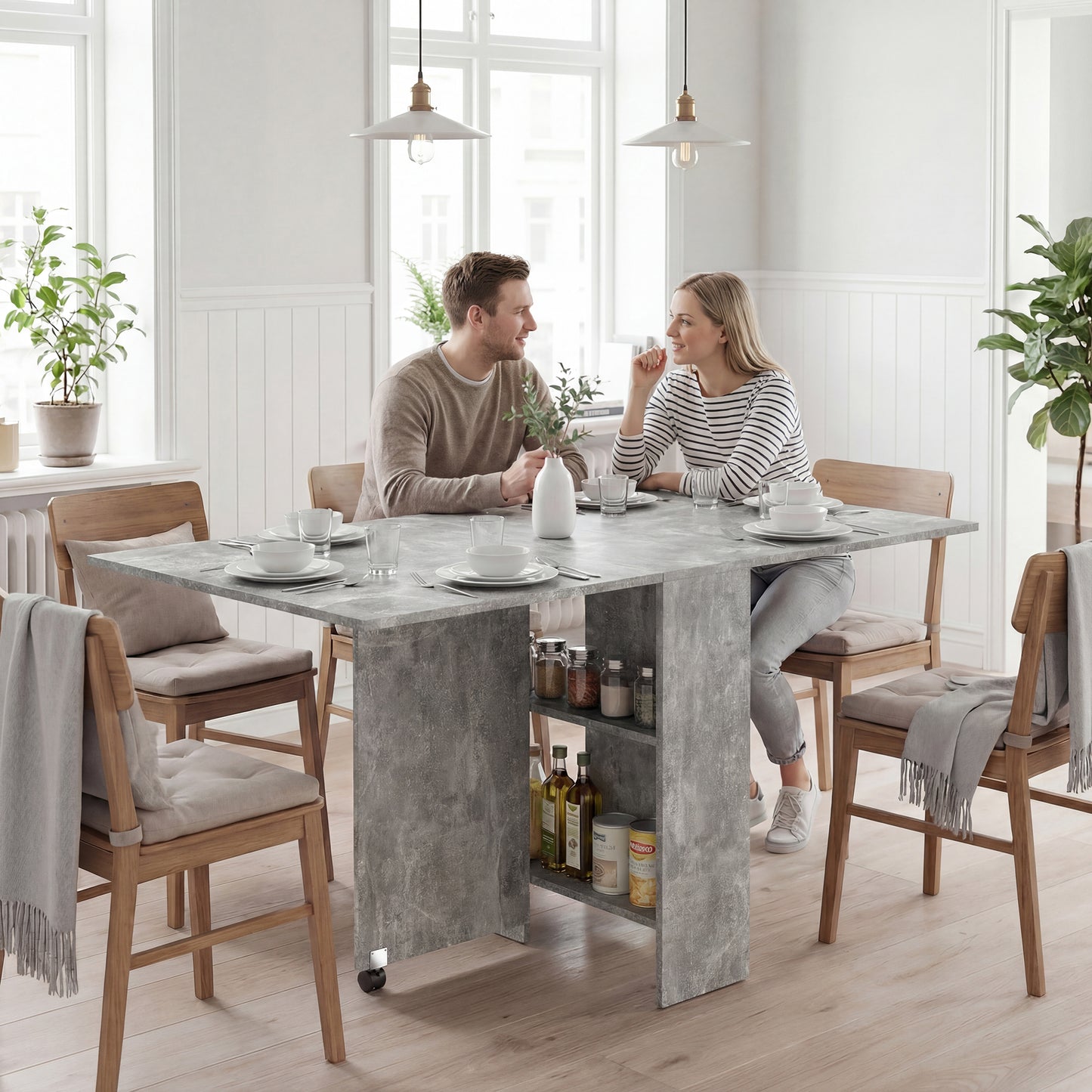80-140 cm Folding Dining Table for 4-6 People, Drop Leaf Table with 2-Tier Shelves, Rolling Casters, for Small Spaces