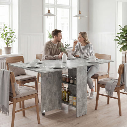 80-140 cm Folding Dining Table for 4-6 People, Drop Leaf Table with 2-Tier Shelves, Rolling Casters, for Small Spaces