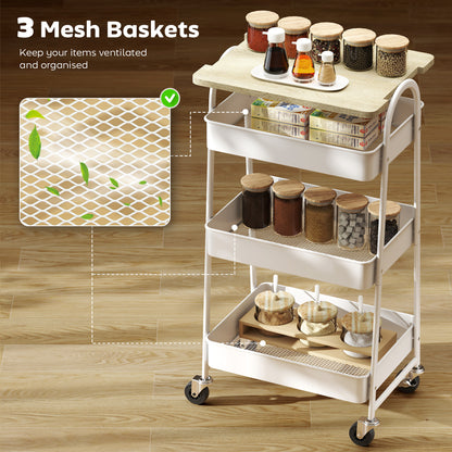 3-Tier Kitchen Storage Trolley with on Wheels Cover Top Board - White and Oak