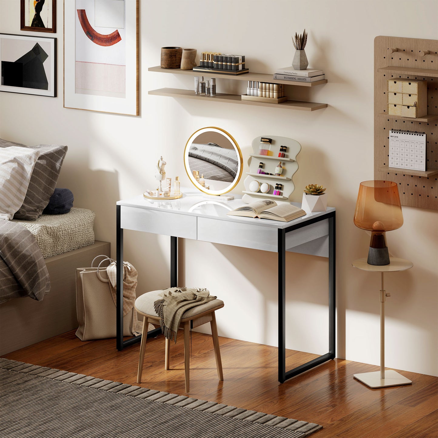 High Gloss Work Table, with Drawers - White