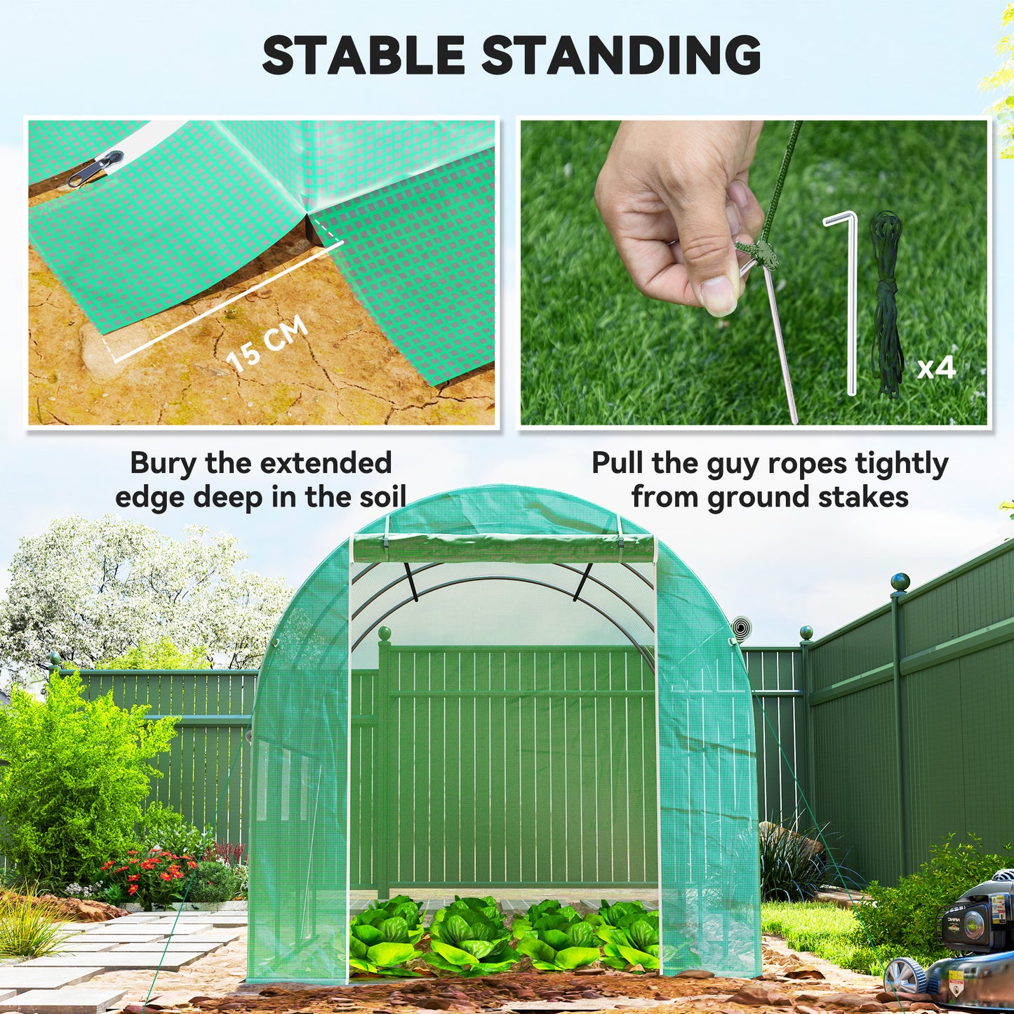 296 x 196cm Steel Frame Polytunnel Greenhouse - Green