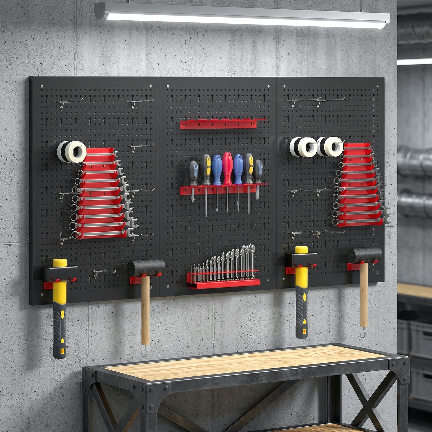 28 Pcs Wall-Mounted Pegboard with 3 Boards, Garage Tool Storage Unit Black and Red