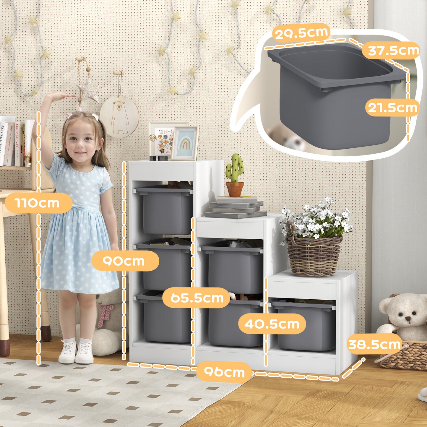 Toy Storage Organiser, Three-Layer Kids Toy Storage Units, with Removable Bins, for Ages 3-8 Years, Grey