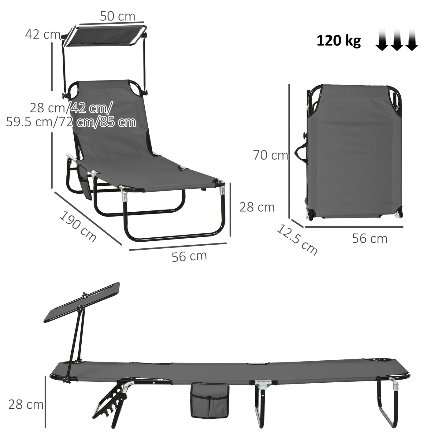 Set of Two Folding Sun Loungers, with Adjustable Backs and Sun Canopies - Grey