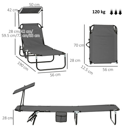 Set of Two Folding Sun Loungers, with Adjustable Backs and Sun Canopies - Grey