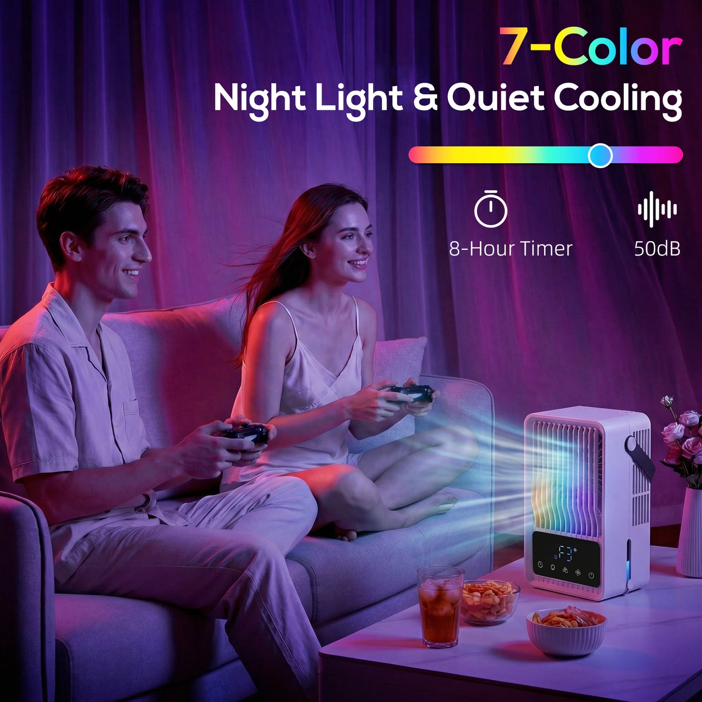 Portable Air Conditioner, 4-in-1 Mini Air Cooler with 3 Wind Speed, 2 Mist Mode, 7 Colour RGB Light, Black and White