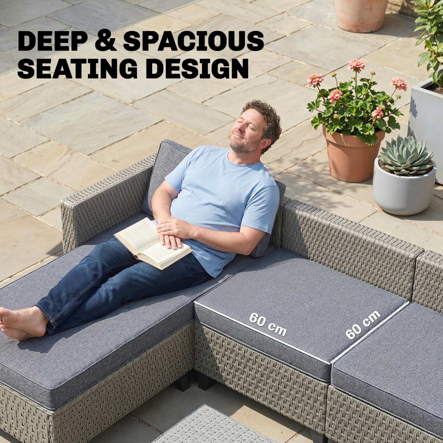 5-Piece Rattan Patio Furniture Set with Corner Sofa, Footstools, Coffee Table, for Poolside, Dark Grey
