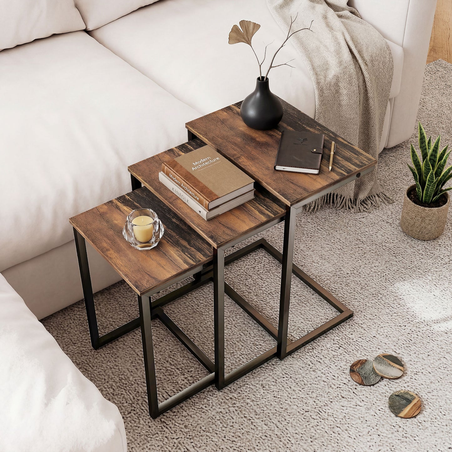 Nesting Side Tables Set of 3, C-Shaped Snack Side Tables with Steel Frame for Sofa Couch and Bed, Rustic Brown
