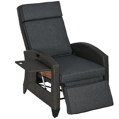 Outdoor Recliner Chair with Adjustable Backrest and Footrest, Cushion, Side Tray, Dark Grey/Brown