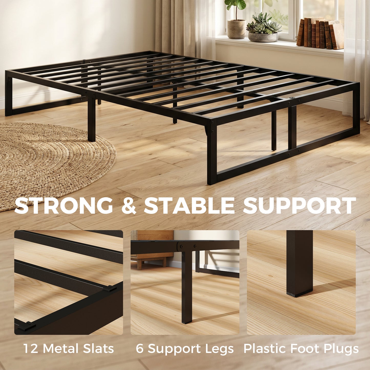 4ft6 Double Bed Frame with Underbed Storage and Steel Slat Support, 32.5 cm Height, Noise-Free, Black