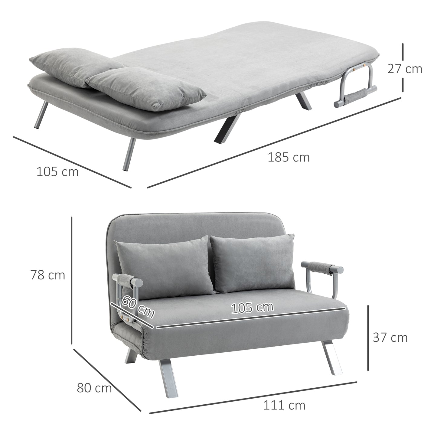 Two-Seater Click-Clack Sofa Bed with Pillows - Light Grey