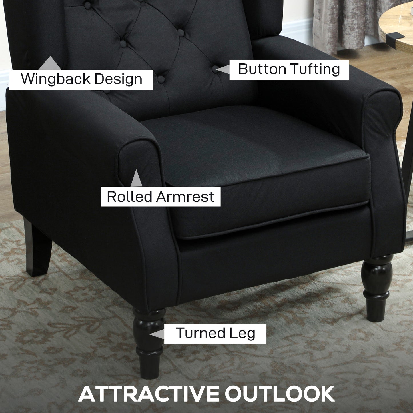 Wingback Accent Chair, Faux Linen Armchair with Thick Spring Cushion, High Back, Solid Wood Legs