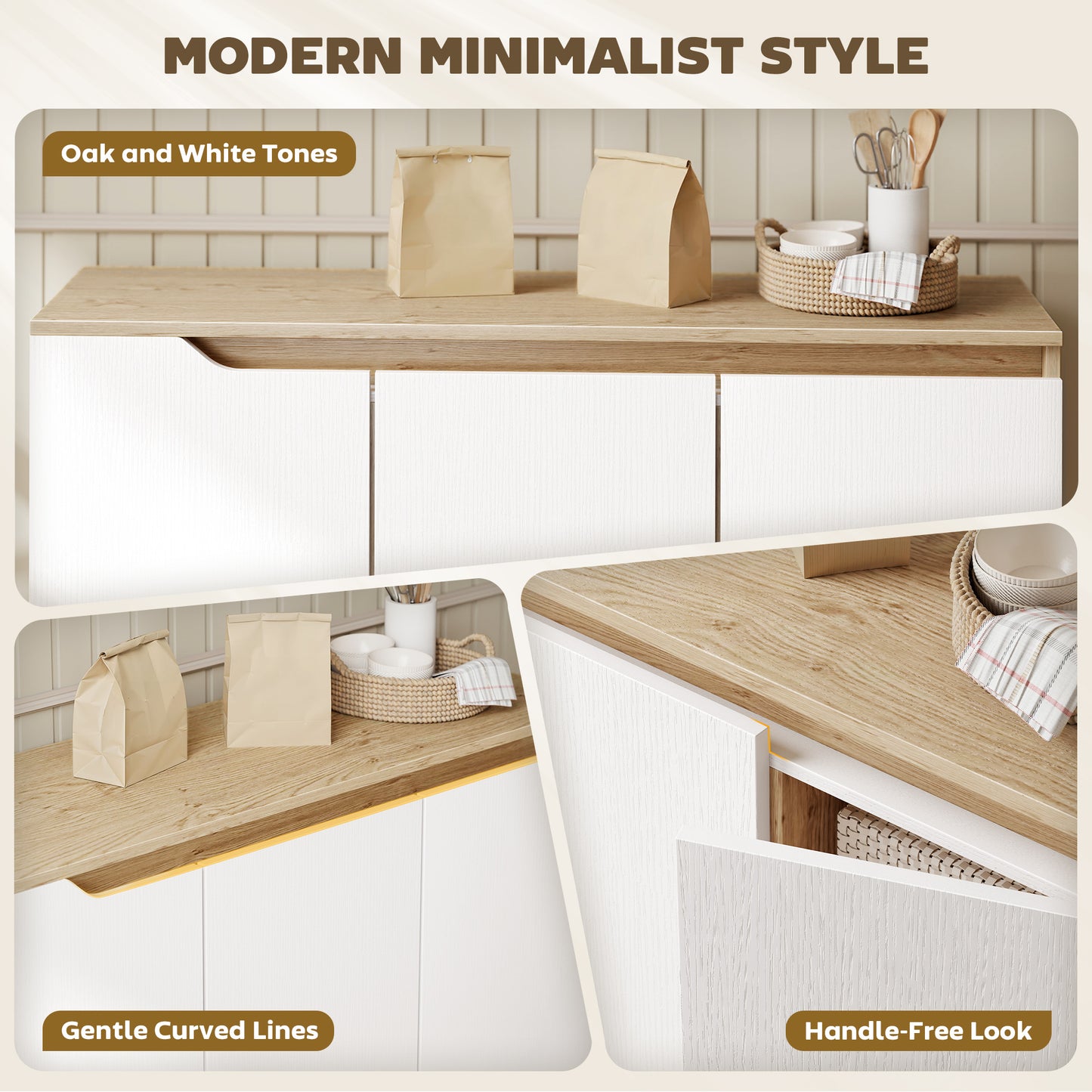 Sideboard Storage Cabinet, Kitchen Cupboard with 3 Doors, 2 Adjustable Shelves and 5 Rubberwood Legs, White and Oak
