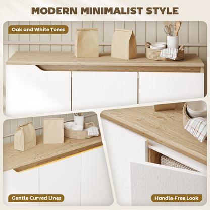 Sideboard Storage Cabinet, Kitchen Cupboard with 3 Doors, 2 Adjustable Shelves and 5 Rubberwood Legs, White and Oak
