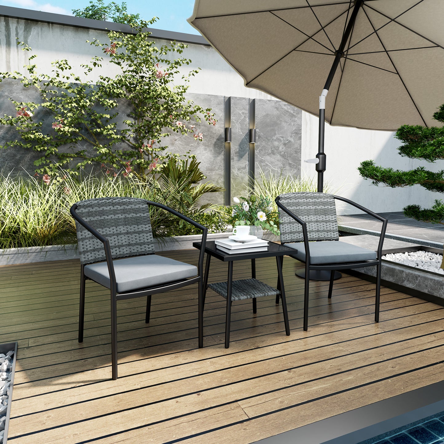 3 Pieces Rattan Bistro Set with Cushions, Wicker Garden Furniture Set, Glass Top Coffee Table and Chairs for Outdoor Patio