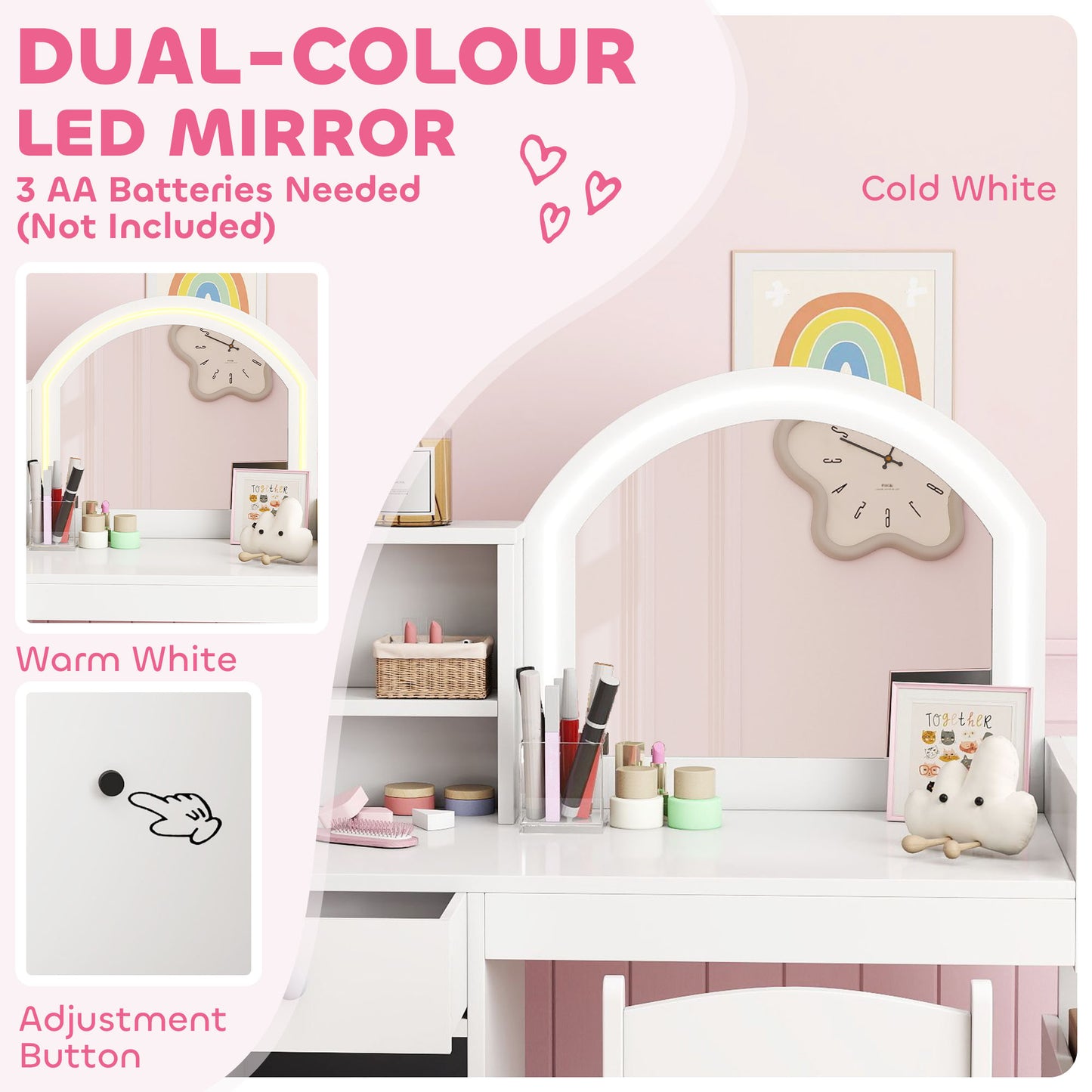 Kids Vanity Table and Chair Set, Girls Dressing Table with 2-Colour LED Mirror, Stool, Cabinet, Drawer, Shelves, White