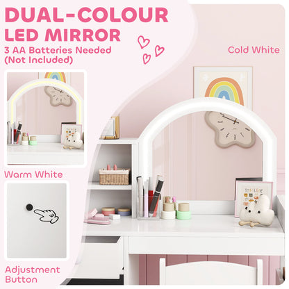 Kids Vanity Table and Chair Set, Girls Dressing Table with 2-Colour LED Mirror, Stool, Cabinet, Drawer, Shelves, White