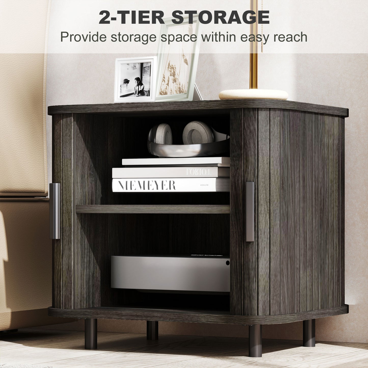 Nightstand with Sliding Doors and Metal Legs Grey