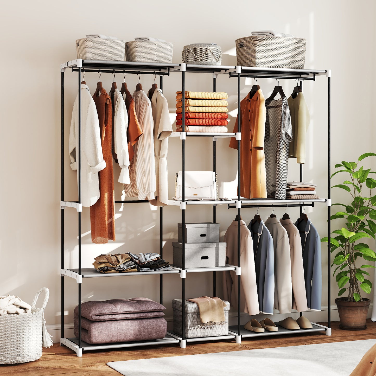 Portable Wardrobe, Open Clothes Wardrobe with 8 Shelves, 3 Hanging Rails, Light Grey