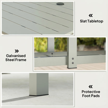 Rectangle Garden Table with Parasol Hole, Outdoor Dining Table for 6, Patio Table for Balcony, 150cm x 90cm, Light Grey