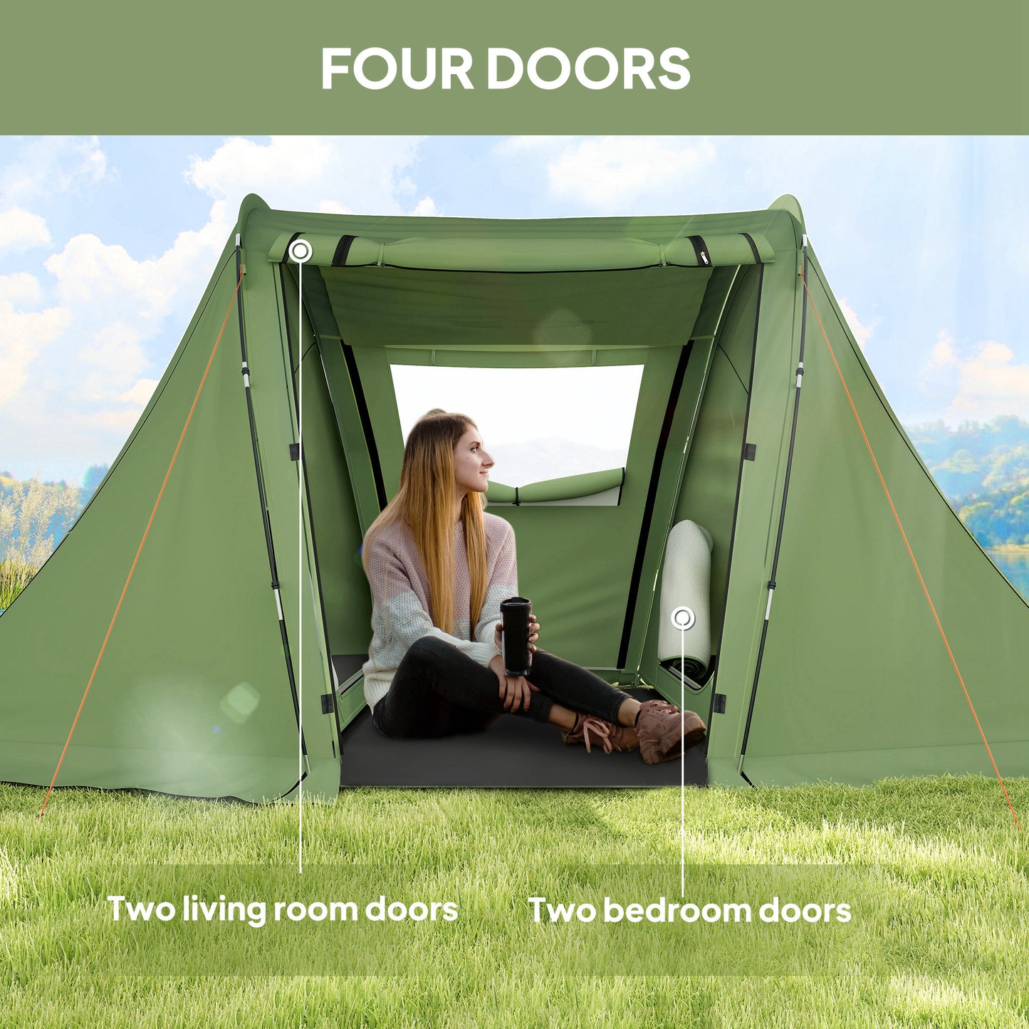 3 Man Camping Tent with Living Area and 2 Bedrooms, 3000mm Waterproof Family Tent with Sewn-in Groundsheet and bag
