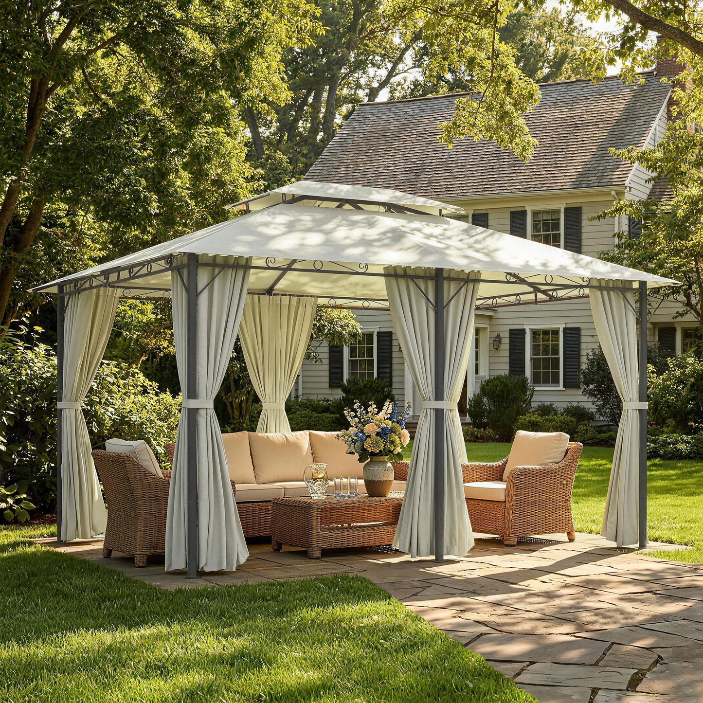 4m x 3(m)Garden Gazebo, Double Roof Outdoor Gazebo Canopy Shelter with Curtains, Solid Steel Frame for Lawn and Deck, Beige