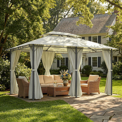4m x 3(m)Garden Gazebo, Double Roof Outdoor Gazebo Canopy Shelter with Curtains, Solid Steel Frame for Lawn and Deck, Beige