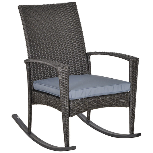 Outdoor PE Rattan Rocking Chair, Garden Rocking Chair Set with Armrest and Cushion, Grey