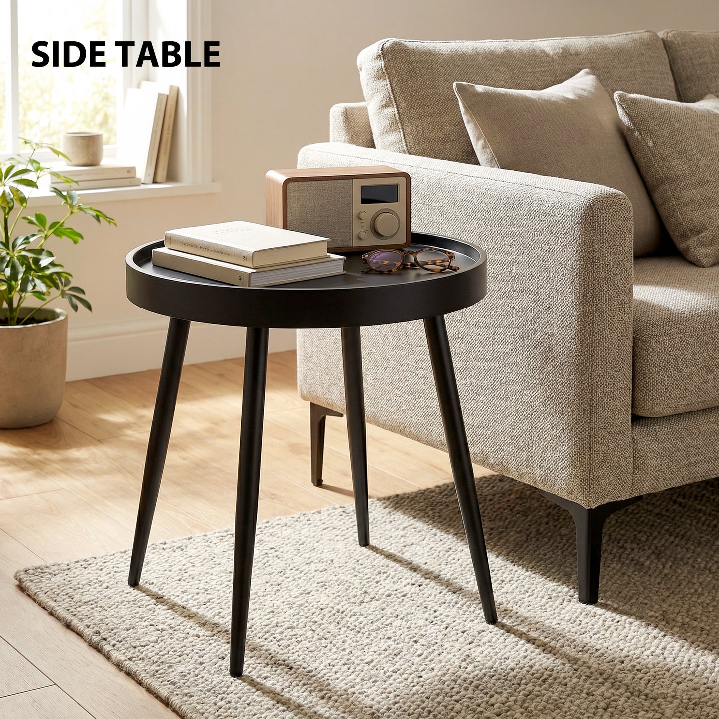 49.5 cm Round Garden Table, Small Outdoor Coffee Side Table with Plastic Tray-Style Top, Metal Legs, Black