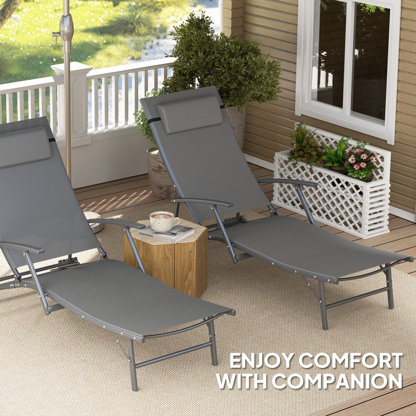 Set of Two Adjustable Back Sun Loungers - Grey