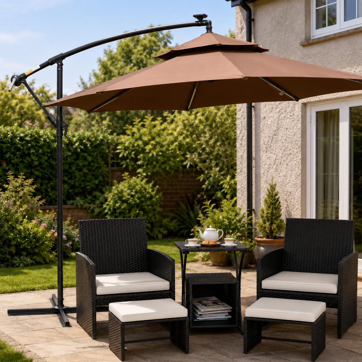 6 Piece Rattan Garden Furniture, Space-Saving Patio Furniture Set with Nesting Tables, Chairs, Stools, Cushions, Black