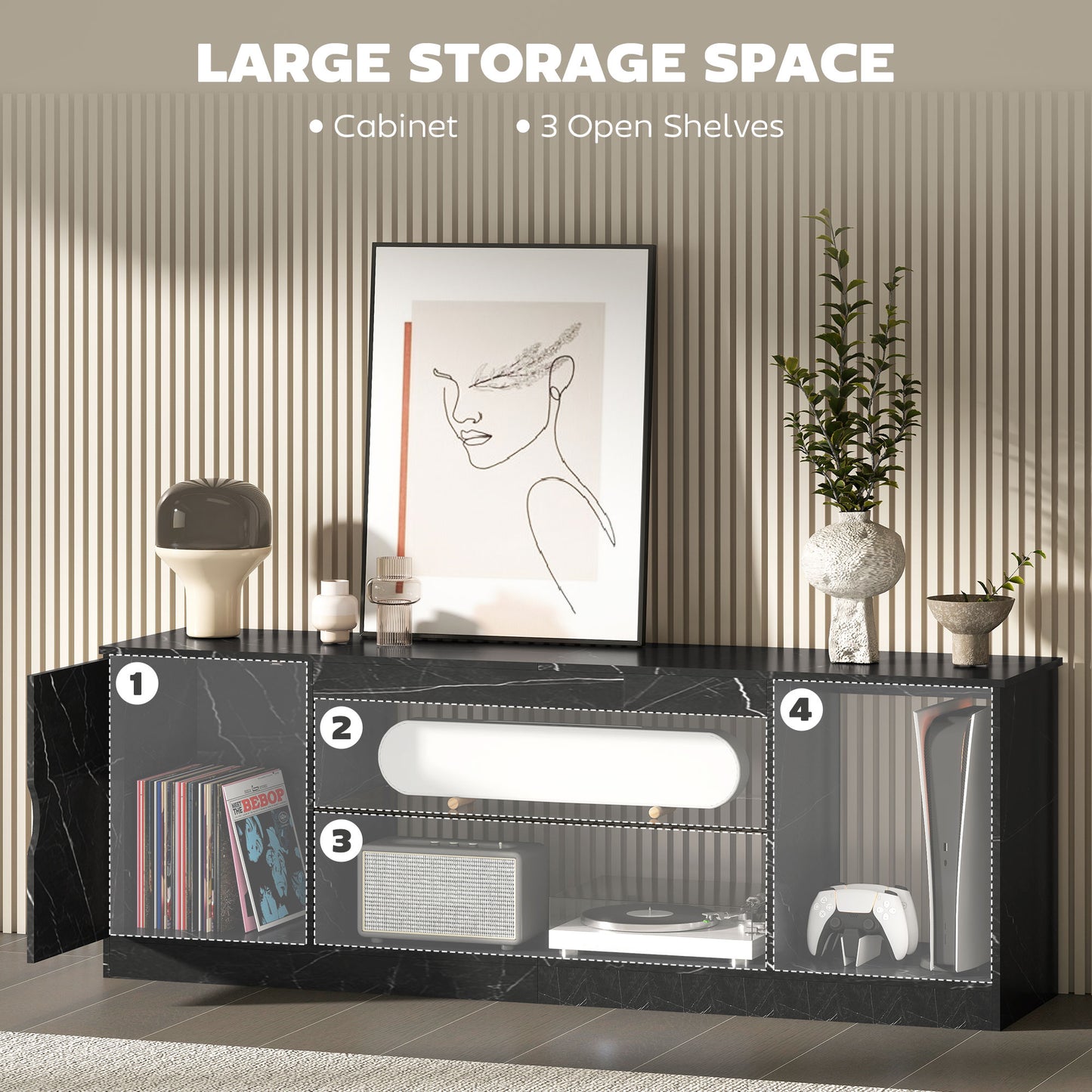 TV Stand Cabinet, Marble Effect TV Unit for up to 55" TVs with Glass Shelf and Storage Cabinet